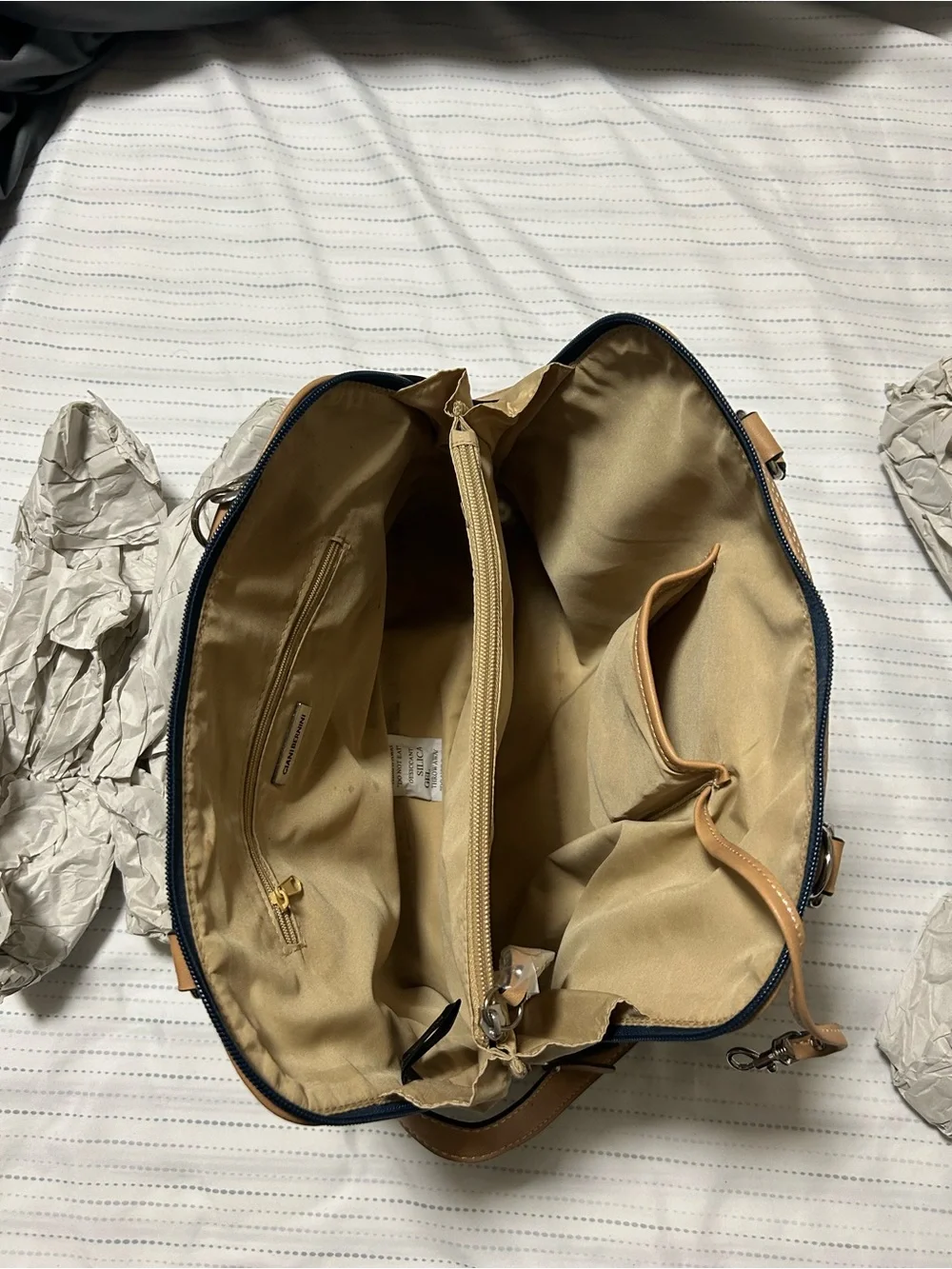 Giani Bernini Navy and Tan Dome Satchel with Crossbody Strap